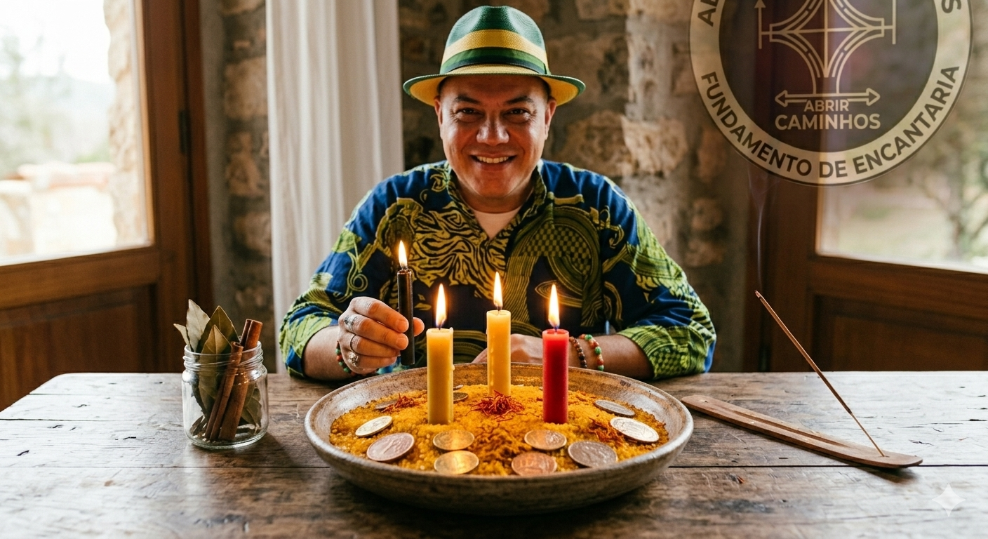 Mestre Marcelo Alban sorridente realizando o ritual para abrir caminhos com velas amarela, vermelha e preta sobre prato com açúcar, açafrão e moedas.