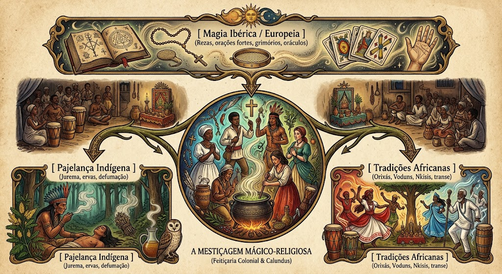 Ilustração em estilo pergaminho antigo de um fluxograma sobre o sincretismo religioso no Brasil colonial. No topo, a "Magia Ibérica / Europeia" traz livros de feitiços, terço e cartas. Ela se conecta ao centro, que mostra a "Mestiçagem Mágico-Religiosa" com pessoas rezando e manipulando um caldeirão. Abaixo, derivam dois blocos: à esquerda, a "Pajelança Indígena" (com jurema, ervas e defumação) e, à direita, as "Tradições Africanas" (com orixás, atabaques e transe).