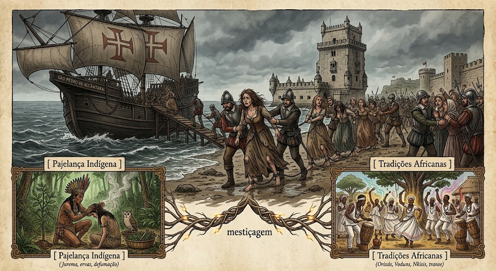 Uma ilustração em estilo de pintura histórica com bordas decorativas em um fundo de papel envelhecido, como um pergaminho. A imagem central retrata uma cena de porto do século XVI, com uma caravela portuguesa ancorada à esquerda, com velas brancas e a Cruz de Cristo vermelha. Soldados e marinheiros com capacetes de metal e armaduras de peito estão arrastando mulheres algemadas e em farrapos, que estão chorando e resistindo, para uma rampa de madeira que leva ao navio. Uma mulher central está sendo puxada por dois soldados, olhando para trás, para a costa. O porto é emoldurado por uma fortaleza de pedra e uma torre de vigilância à direita, sob um céu nublado. Desta cena central de mestiçagem, duas estruturas em forma de raiz se ramificam para baixo e para fora, conectando-se a dois painéis ilustrados menores e distintos. À esquerda, um painel emoldurado com o título "[ Pajelança Indígena ]" (Xamanismo Indígena) e a legenda "(Jurema, ervas, defumação)" mostra um pajé indígena em um cocar de penas realizando um ritual sobre uma figura deitada, com plantas e um altar de oferendas na floresta. Uma pequena coruja está pousada nas proximidades. À direita, um painel emoldurado com o título "[ Tradições Africanas ]" e a legenda "(Orixás, Voduns, Nkisis, transe)" retrata uma cena vibrante e energética de dança e transe ritualístico. Um grupo de pessoas afro-brasileiras vestindo roupas rituais brancas e miçangas dança ao redor de uma árvore sagrada ornamentada, com múltiplos atabaques (tambores) e energia espiritual radiante e colorida, simbolizando orixás.