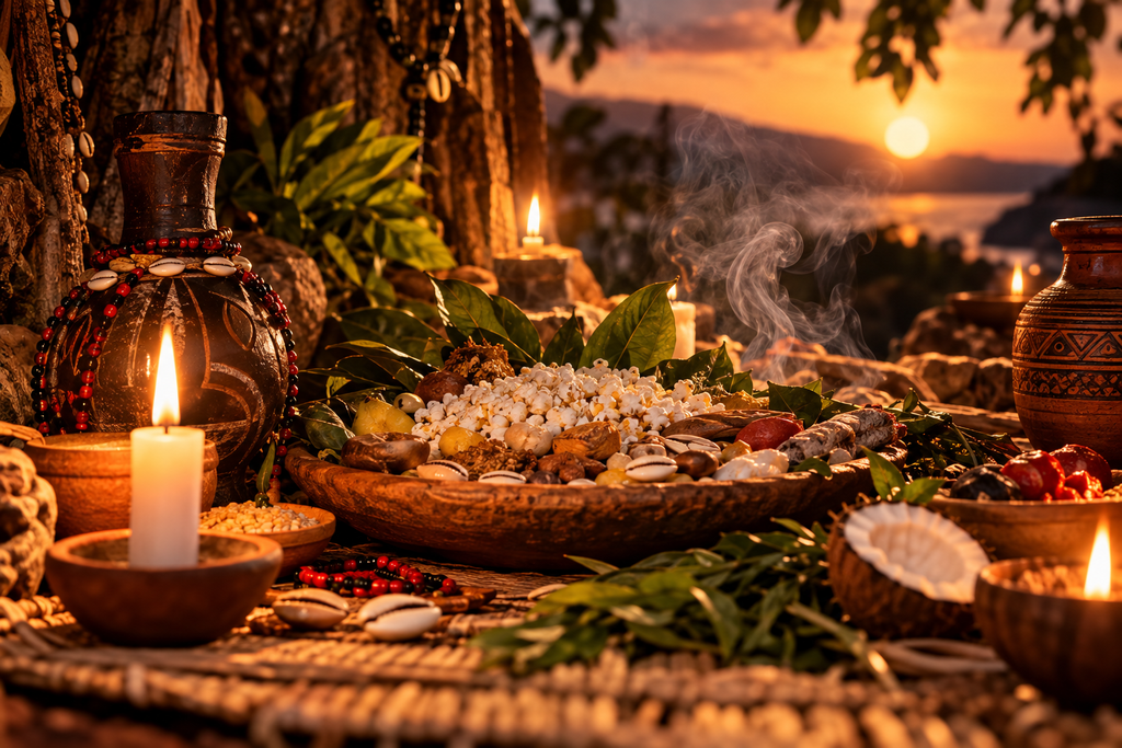 Ebó com alimentos, folhas, búzios, recipientes de barro e velas, representando fundamentos e práticas espirituais do culto tradicional aos Orixás.